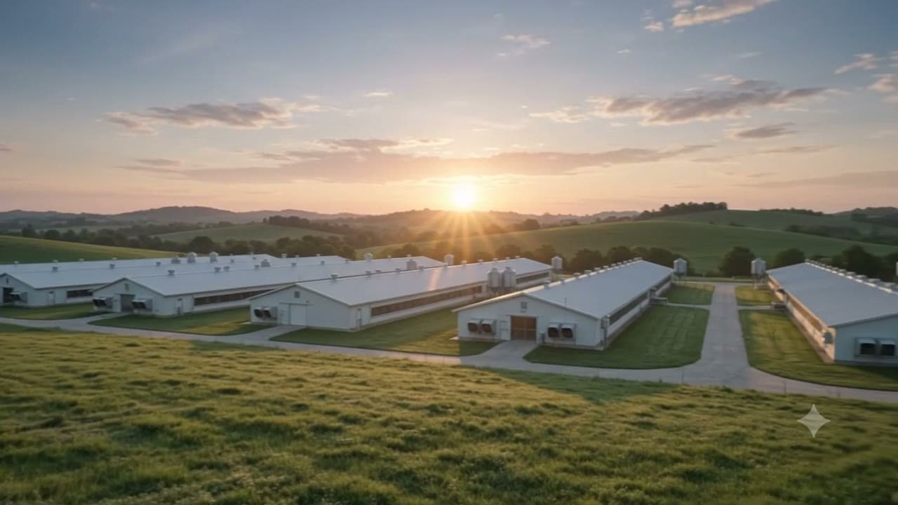 Aerial view of a modern poultry farm at golden hour